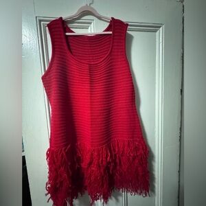 Red Sleeveless Knit Top with Fringe